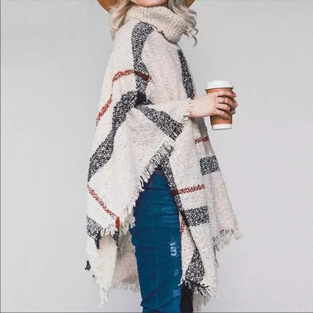 #41 New ! Plaid turtleneck poncho knit sweater - Picture 3 of 4